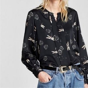 Zara dandelions and dragonfly print blouse long sleeve covered button Size M
